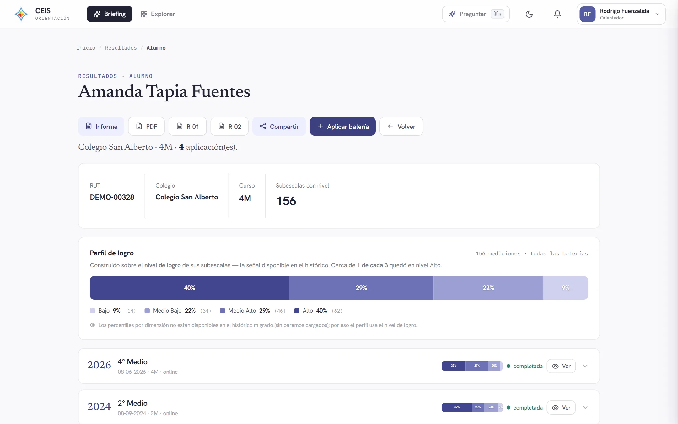 Perfil de un estudiante con su perfil de logro y sus aplicaciones por año