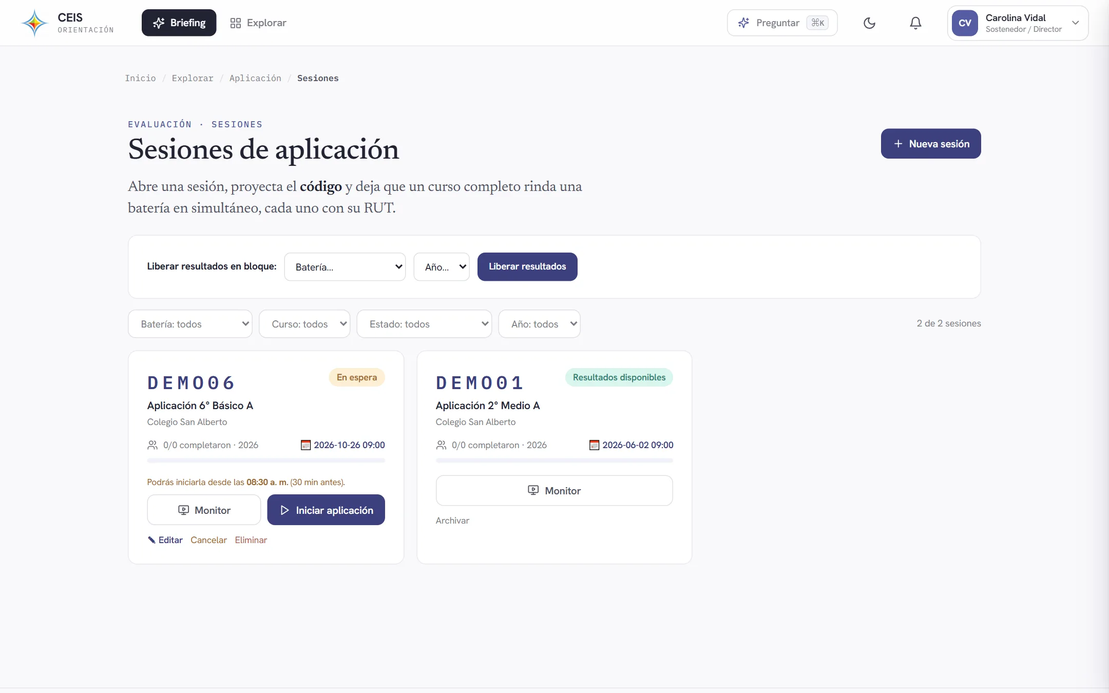 Listado de sesiones de aplicación con su código, curso y estado
